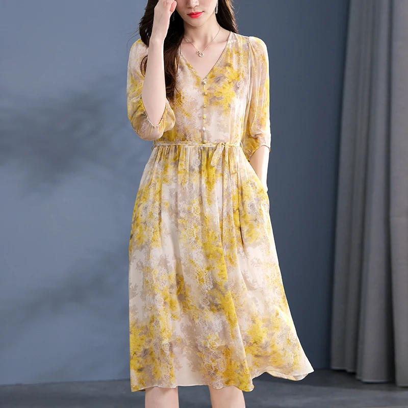 

100% Real Silk Dresses For Women 2024 Summer Elegant Fashion V-neck Three Quarter Sleeve Print Women's Long Midi Dress A-line