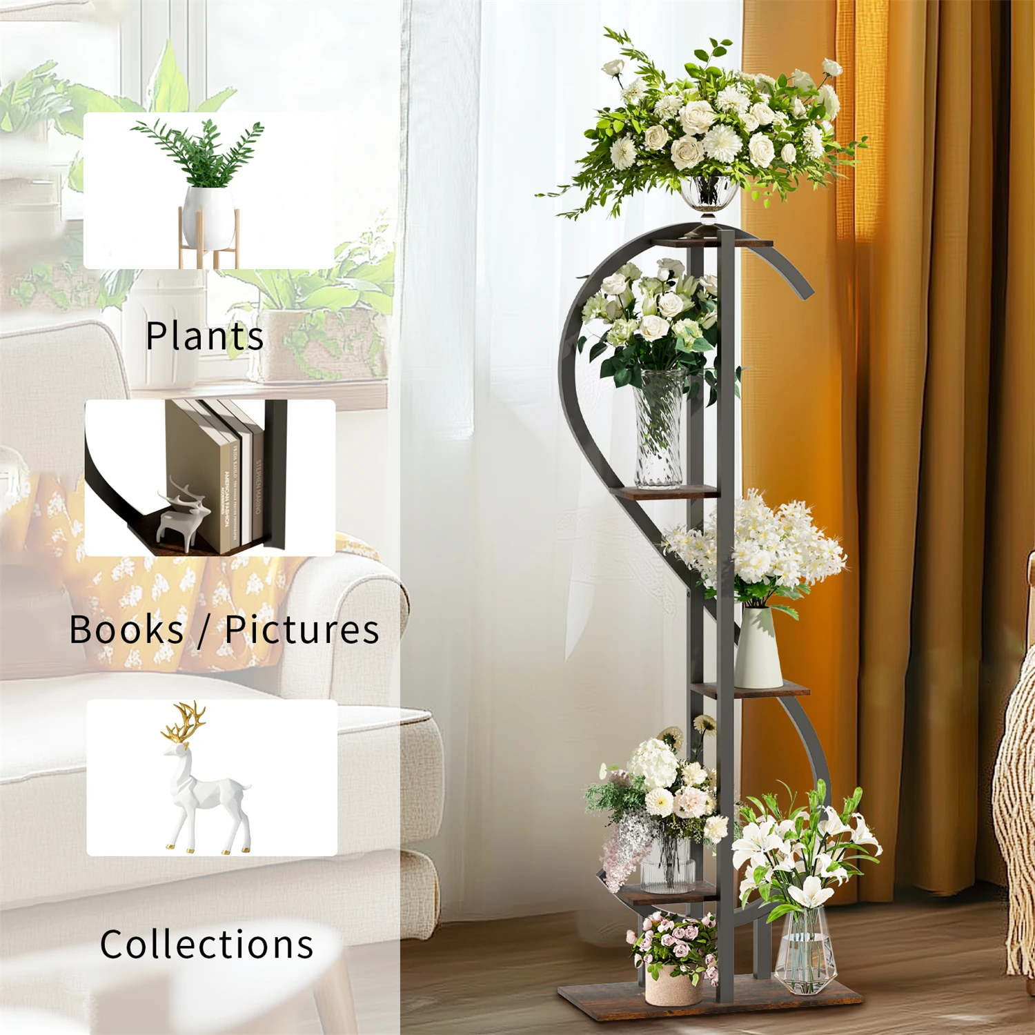 153CM Tall S-Shaped Vertical Plant Stand Multilayer Garden Flower Pot Stand Display Holder Wood and Metal