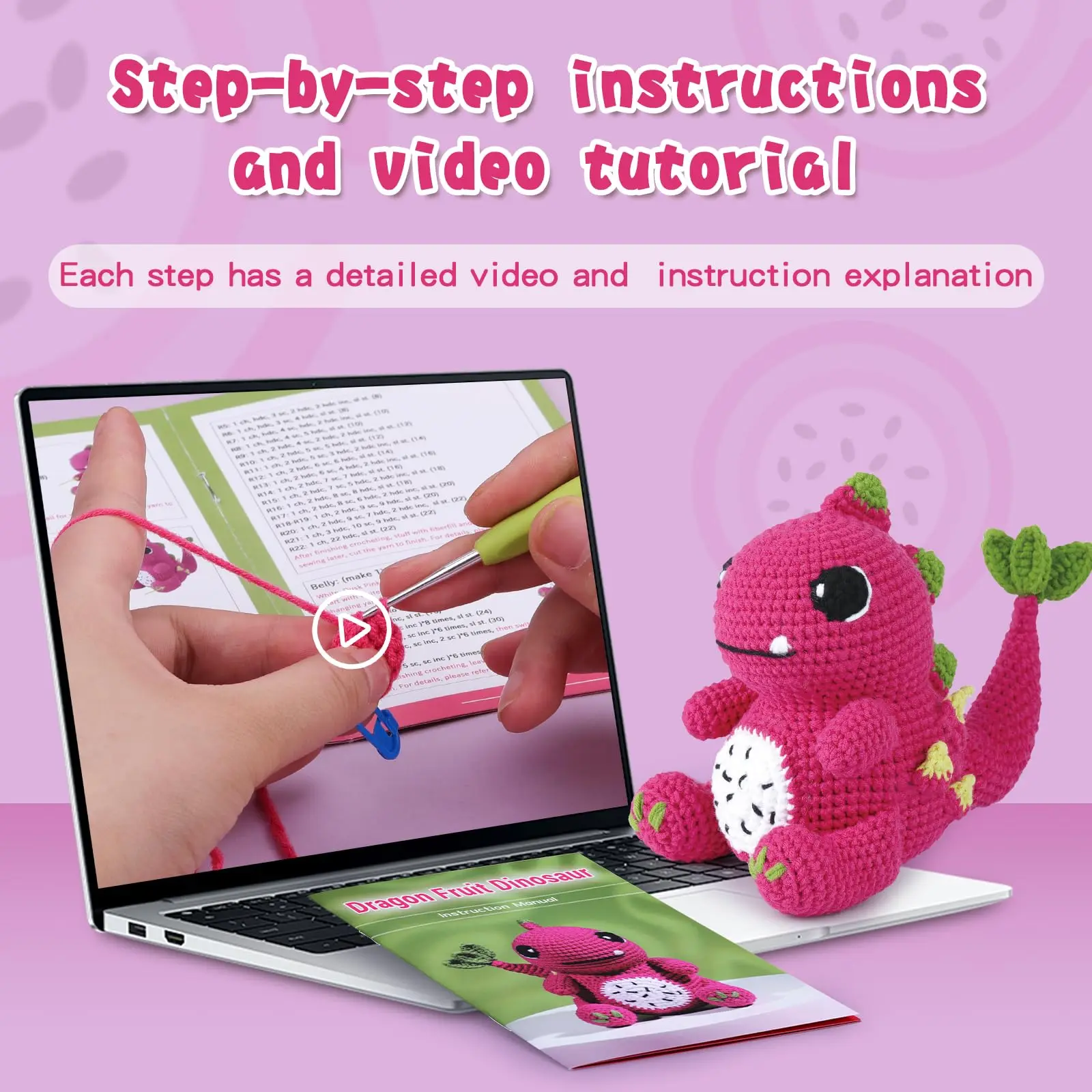 Fenrry Crochet Kit Beginners Animal Knitting Kit Dinosaur Step-by-Step Video Tutorials DIY Present