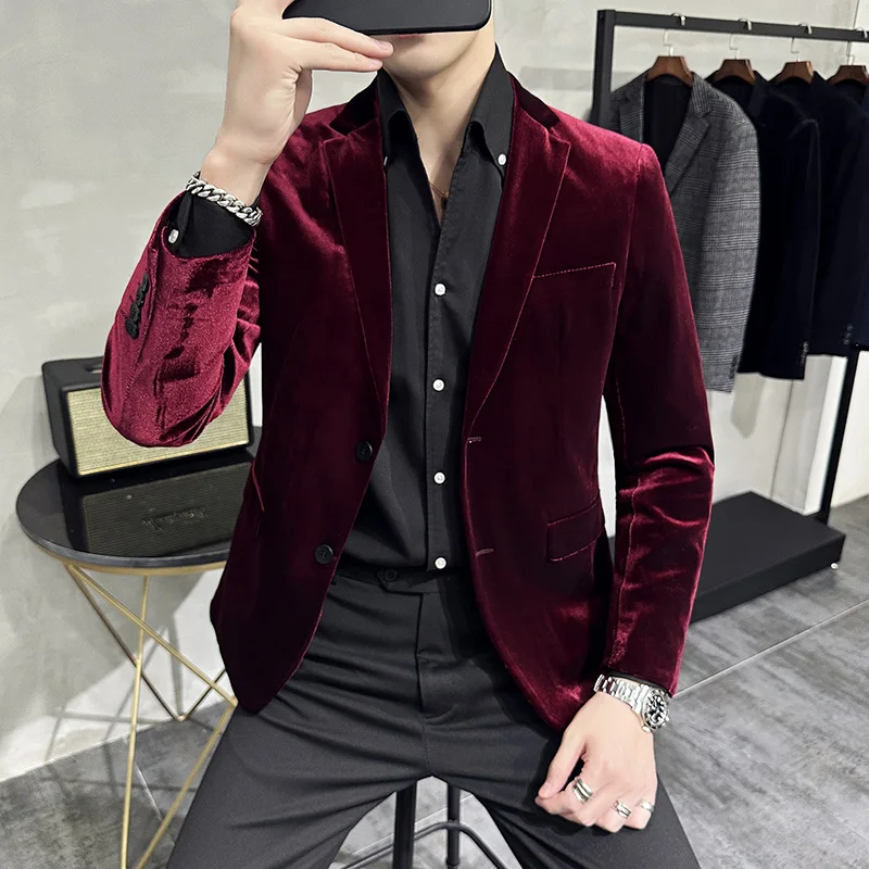 

2023 Spring Luxury Velvet Suit Jacket Men High-quality Business Casual Dress Coat Solid Color Wedding Groom Blazer Masculino