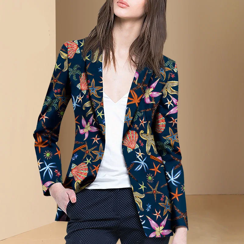 Fashion Lapel All-match Printed Blazer Women's Clothing 2023 Autumn New Oversized Casual Tops Long Sleeve Office Lady Blazers