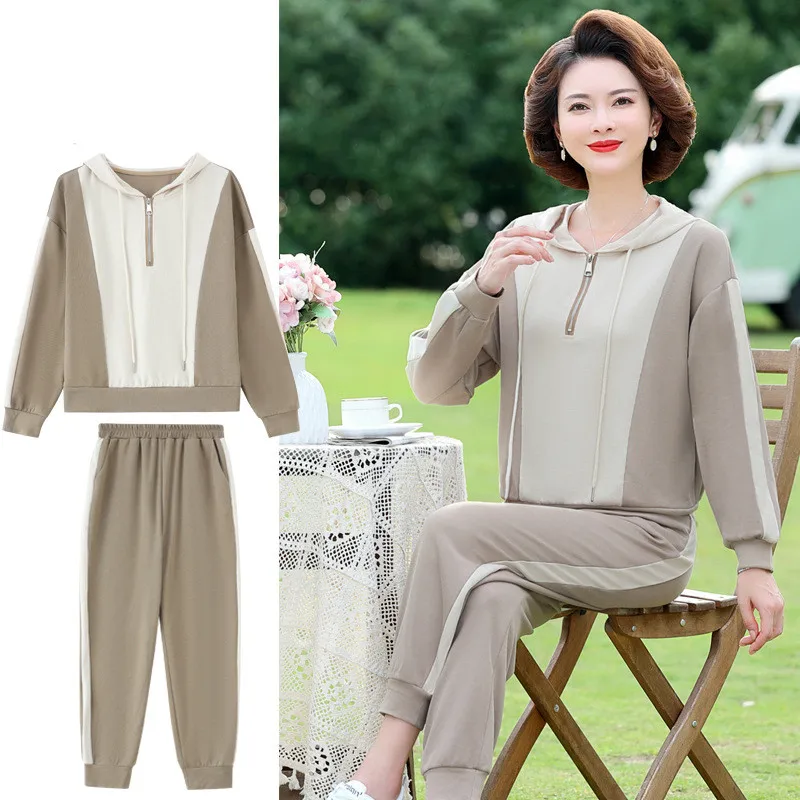 

XL-5XL Middle-Aged Mother Casual Sweater Suit Fashion Hooded Two-Piece Set Spring Autumn 40 To 60 Years Old Women's Suit