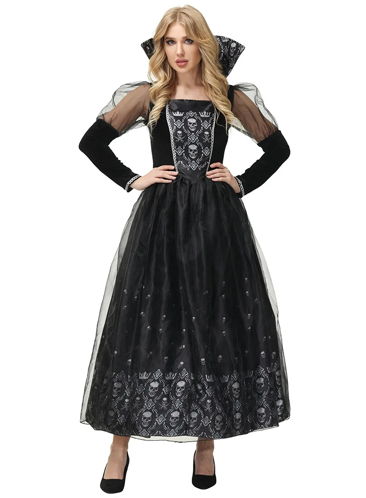 

В наличии, женское средневековое платье, платье для косплея на Хэллоуин, костюм ведьмы, платье для Хэллоуина вампира с принтом скелета