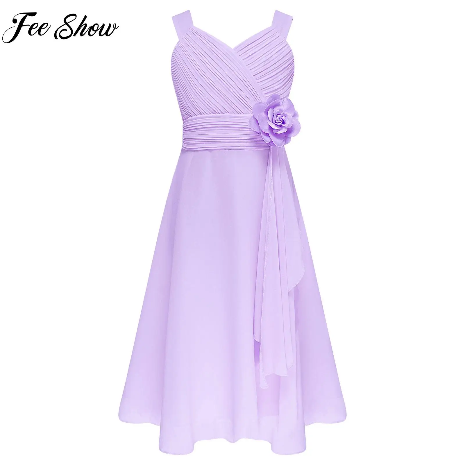 

Girls Party Dress Lyrical Dance Costume Elegant Flower Dress V Neck Sleeveless Ruffle Chiffon Dress for Kids Wedding Birthday