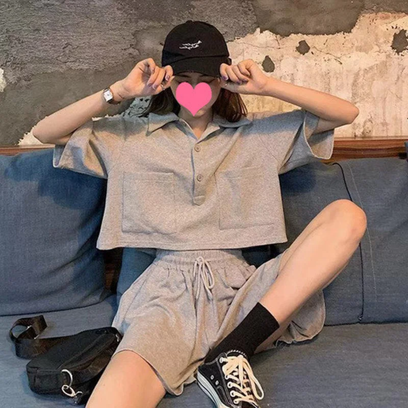 Casual Sports Short-sleeved Suit Women's Summer Tshirts New Loose Polo Shirt Wide-leg Shorts Two-piece Set Korean Sports Hakama