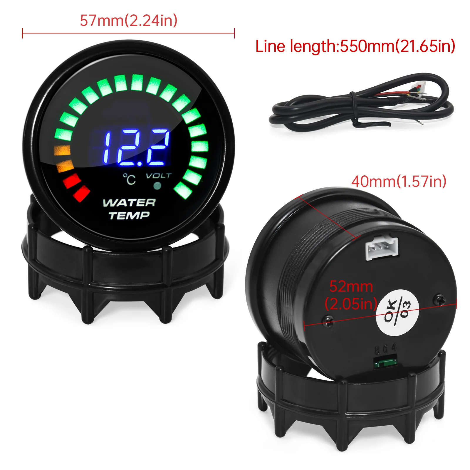 20150 섭씨 52mm 20 LED 스모크 페이스 수온계, 냉각수 온도 센서 10mm 차량용 계기판이 있는 수온 측정기