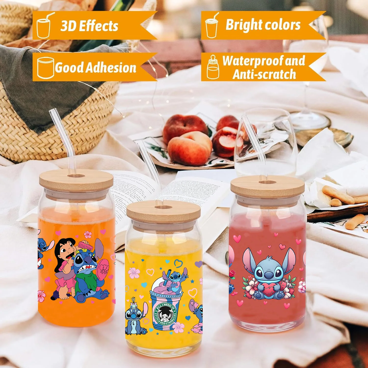 3D Stickers Miniso Stitch Series Easy peel waterproof DIY Decals uvdtf crystal 16oz uv dtf tumbler cup wraps