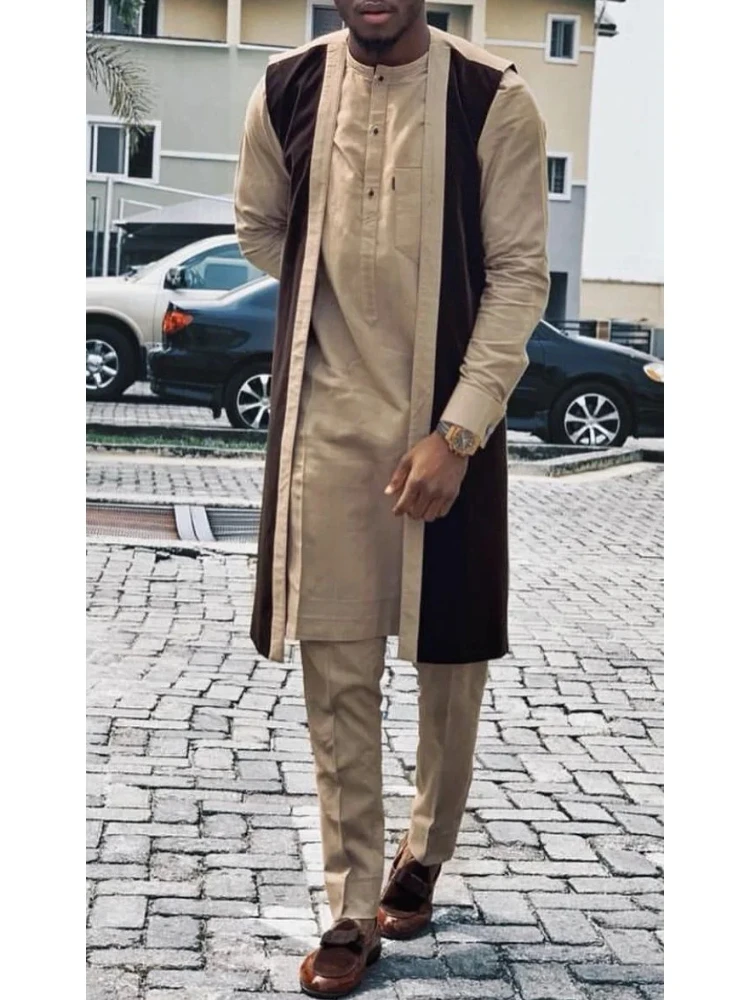 

Men's fashion casual khaki print three-piece suit