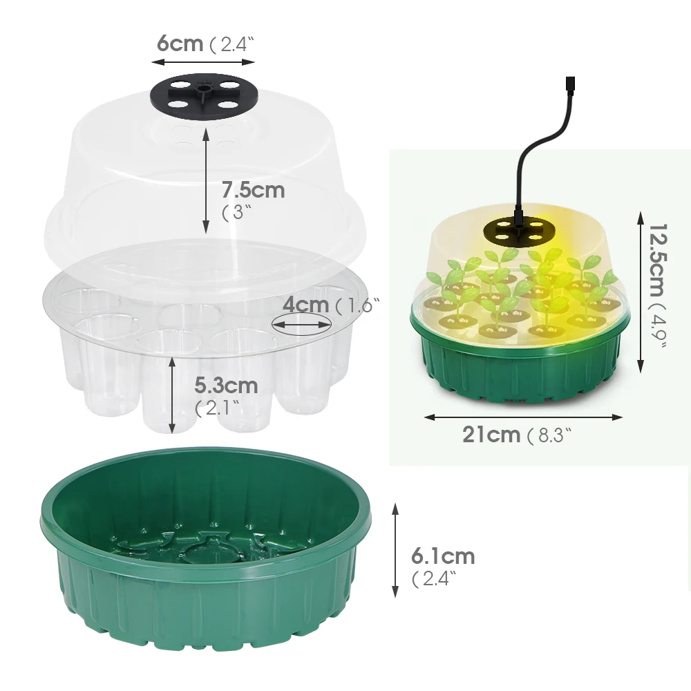 Seed Starter Tray with Full Spectrum LED Grow Warm Light 14-Cell Round Box with Humidity Domes Plant Indoor Nursery Germination