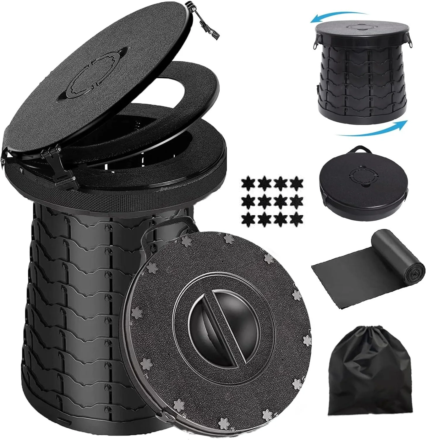 업그레이드 개폐식 휴대용 변기, 높이 조절 가능, 접이식 캠핑 변기, 여행 및 자동차 뚜껑 포함, 50cm/19.7 인치