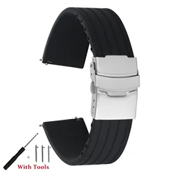 Quick Release Silicone Waterproof Sport Watch Strap with Tool - 22mm (Black Silver)