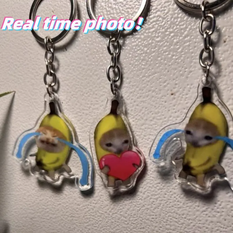 Happy Banana Cat Pendant Keychain Funny Resin Lanyard Small Link Chain