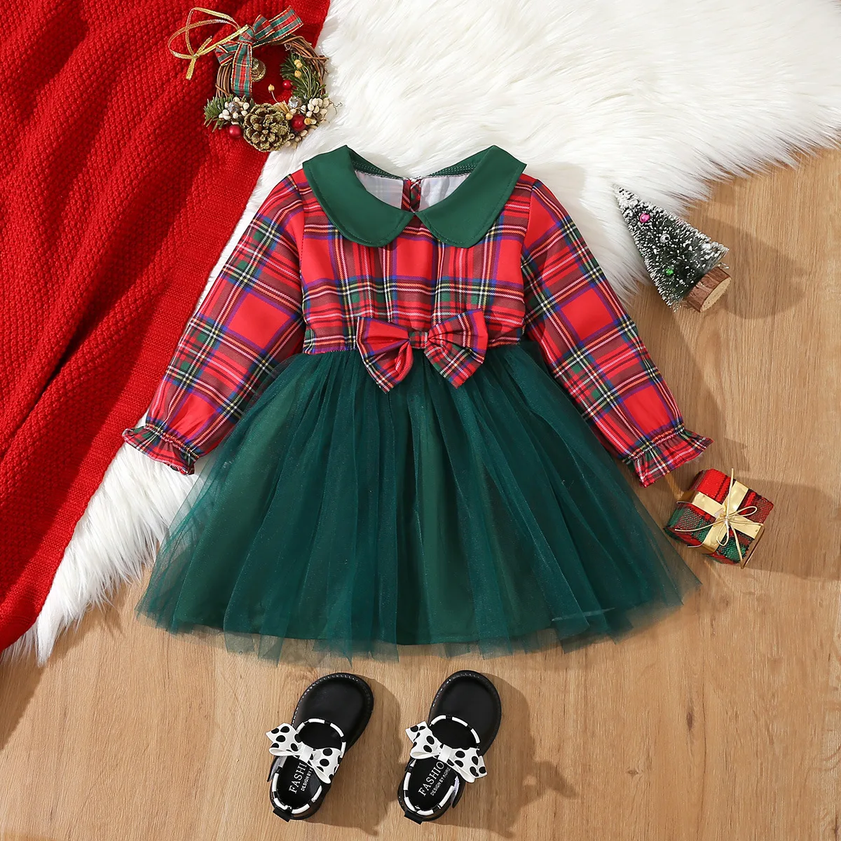 

1-6Y Christmas Toddler Kids Baby Girls Autumn Dress Plaid Ruffles Mesh Bow Doll Collar Long Sleeve Dresses For Girl Xmas Costume