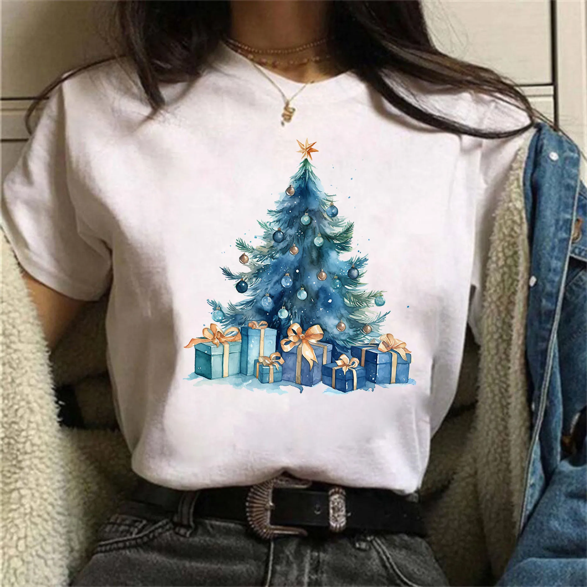 

Christmas Santa Claus Print T-shirt Casual Short Sleeve Crew Neck Top Women's Clothing