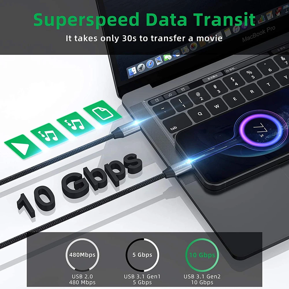 USB C Cable 3.1 Gen2 10Gbps Extension Type C to PD 100W QC4.0 3.0 5A Fast Charging For MacBook Pro 4k 60Hz Video