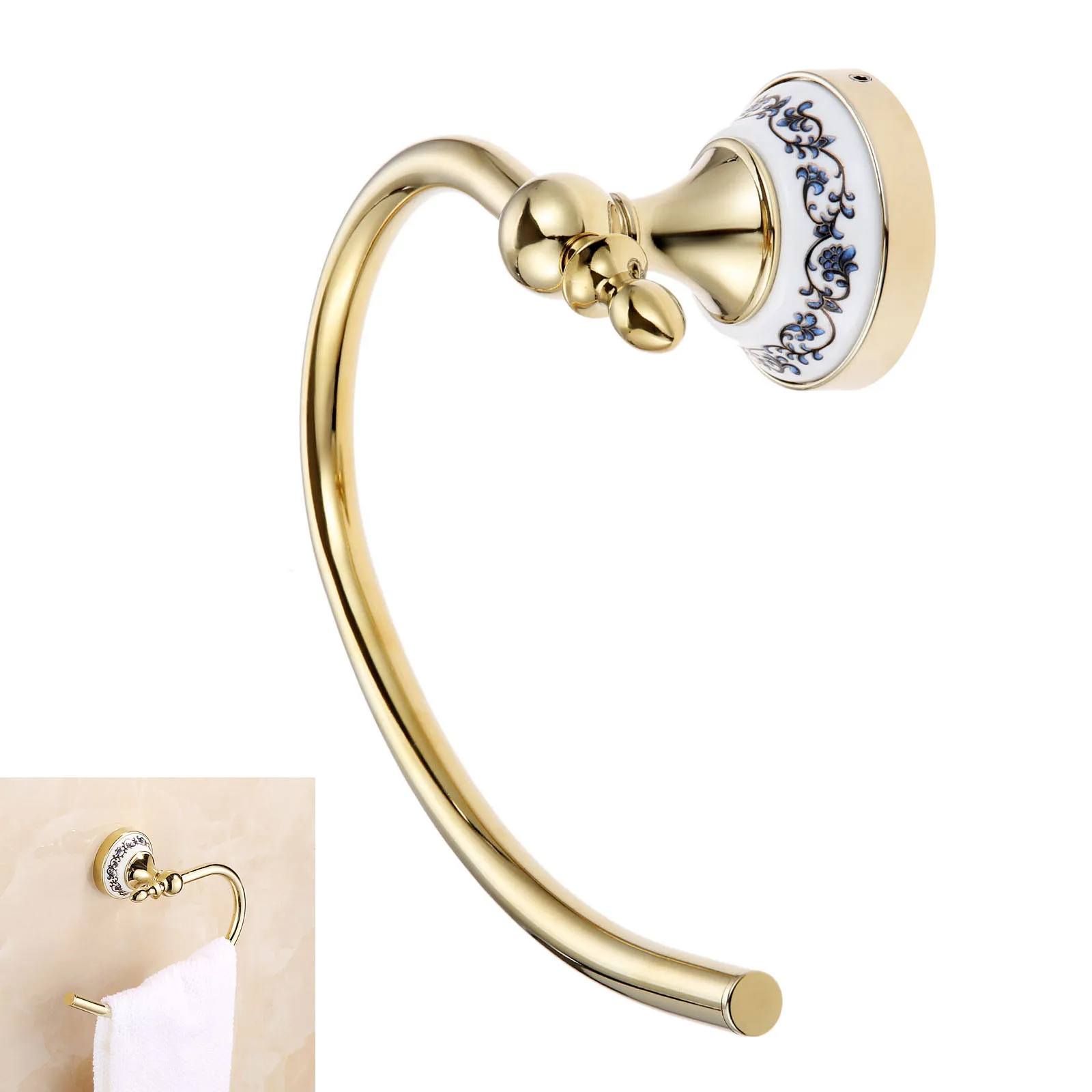 Golden Towel Ring Hook Hand Holder Wall Mounted Rack Blue&White Porcelain Stainless Steel Old European luxurious Bathroom Decor
