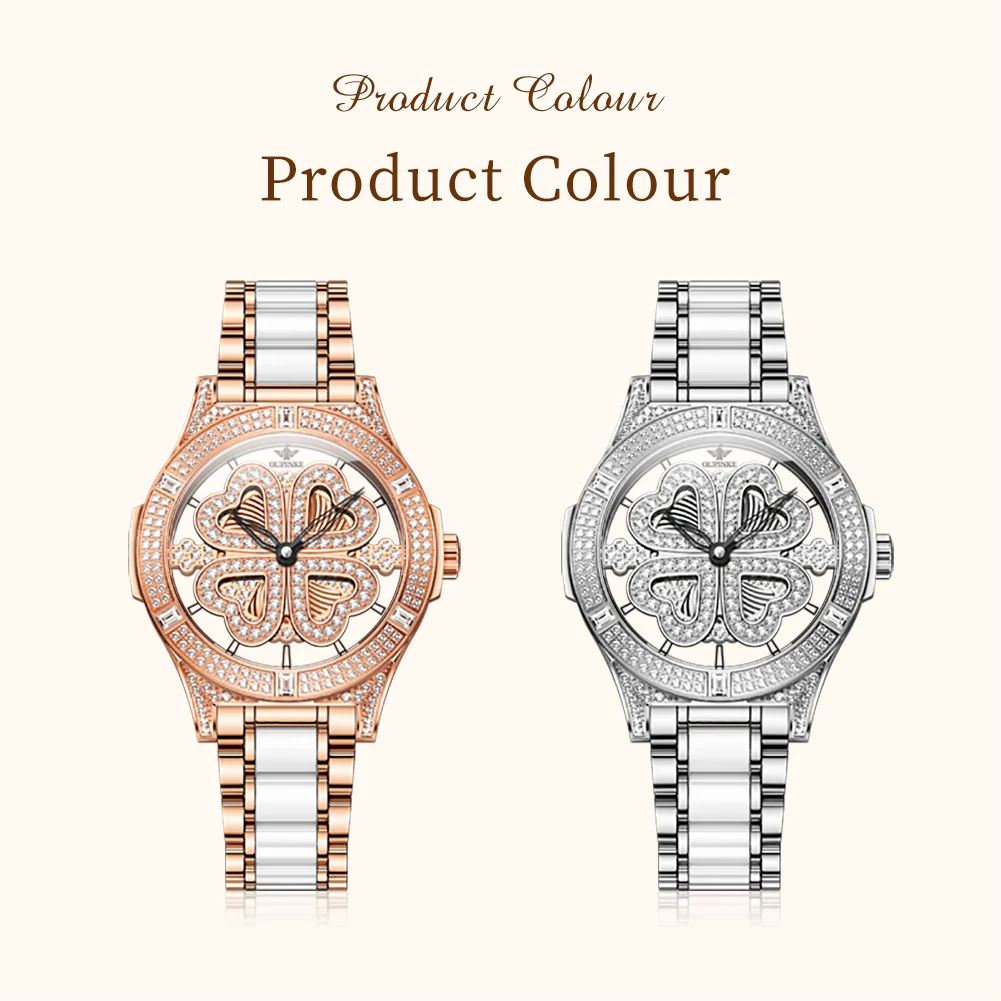 OUPINKE 3279 Women Watch Four Leaf Clover Transparent Dial Ceramic Strip 50m Waterproof Sapphire Mirror Fashion Quartz Watch 6