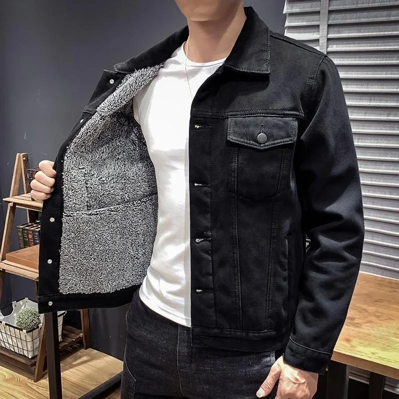 Autumn and Winter New Fashion Solid Color Plus Cashmere Denim Jacket Men's Casual Loose Thick Warm Large Size Jacket M-4XL