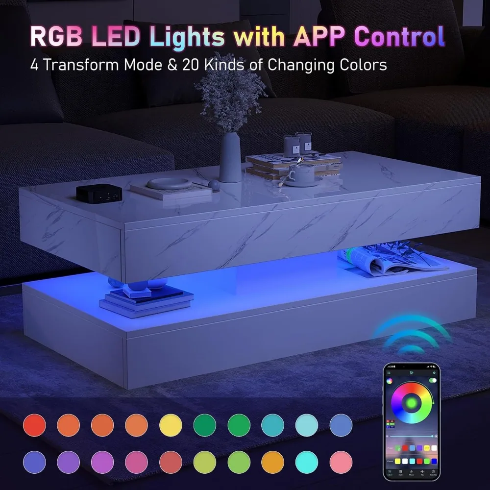 LED Coffee Table with 2 Storage Drawers, Modern High Gloss White Coffee Table w/20 Colors LED Lights, 2 Tiers Rectangle Center T 6