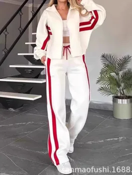 Y2K Striped Zipper Coat+sweatpants Two Piece Set Women Casual Batwing Sleeve Sports Jacket Outfits Autumn Winter Sweatshirt Suit 1