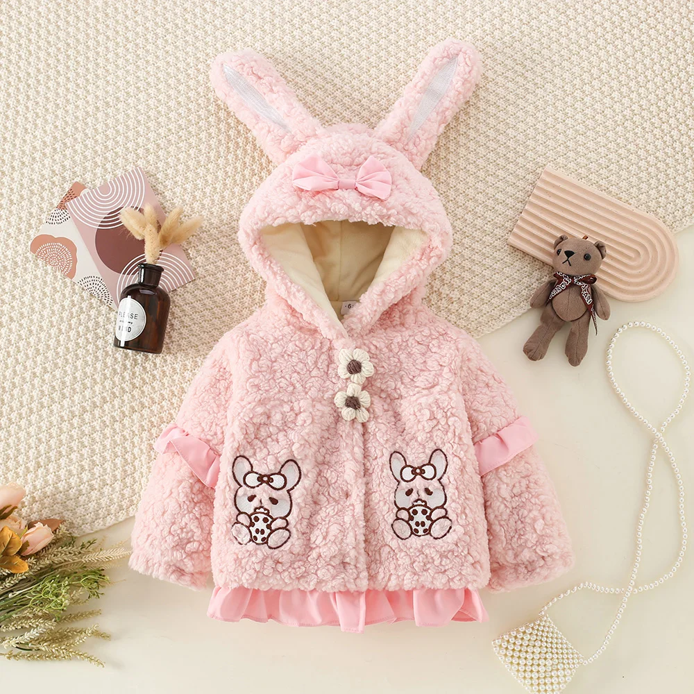 Girls' New Hooded Bunny Western-Style Lamb Wool Cotton Coat With Thick Velvet For Winter Trend