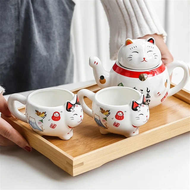 Home kitchen ceramic teapot Japanese-style gift filter tea set one pot two  cups home cute fun lucky cat tea set gift - AliExpress