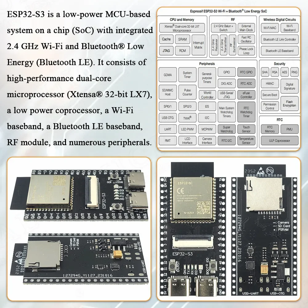 캠 개발 보드 2.4G 와이파이 BT 카메라 모듈, OV2640 OV5640, 8MB PSRAM, 16MB 플래시 ESP32-S3WROOM N16R8, ESP32 S3 N16R8