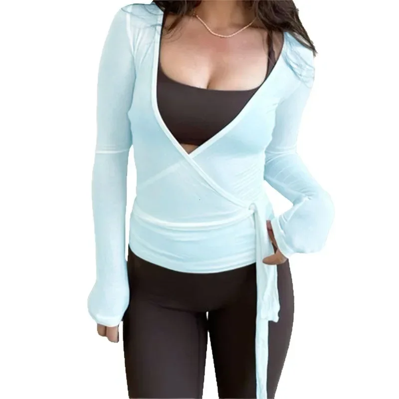 Y2k Solid Long Sleeve Slim Fit Crop Tops Women Yoga Wrap Tie Tops Ballet Workout Yoga T-Shirts Tees Coquette Sweet Chic Tops