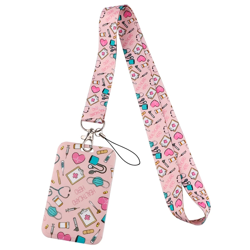 

Pink Nurse Doctor Credit Card ID Holder Bag Student Women Travel Bank Bus Business Card Cover Badge Accessories Lanyard Straps