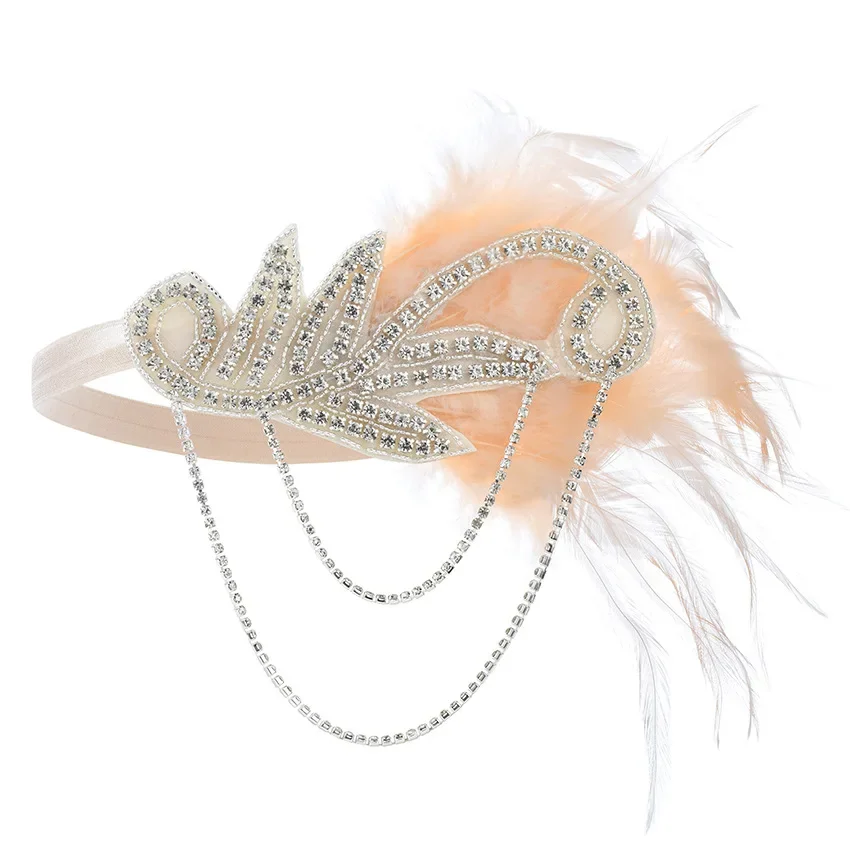 1920s Headband Costume Props Charleston costume accessories Nude Flapper Headpiece Great Gatsby feather beaded headband Chain