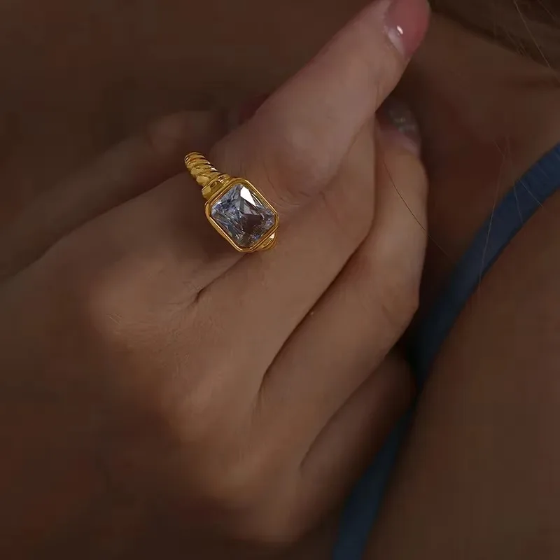 18K Gold Plated Square Multi-color Crystal Chunky Rings Stainless Steel Hypoallergenic Texture CZ Zircon Knuckle Ring Anillos