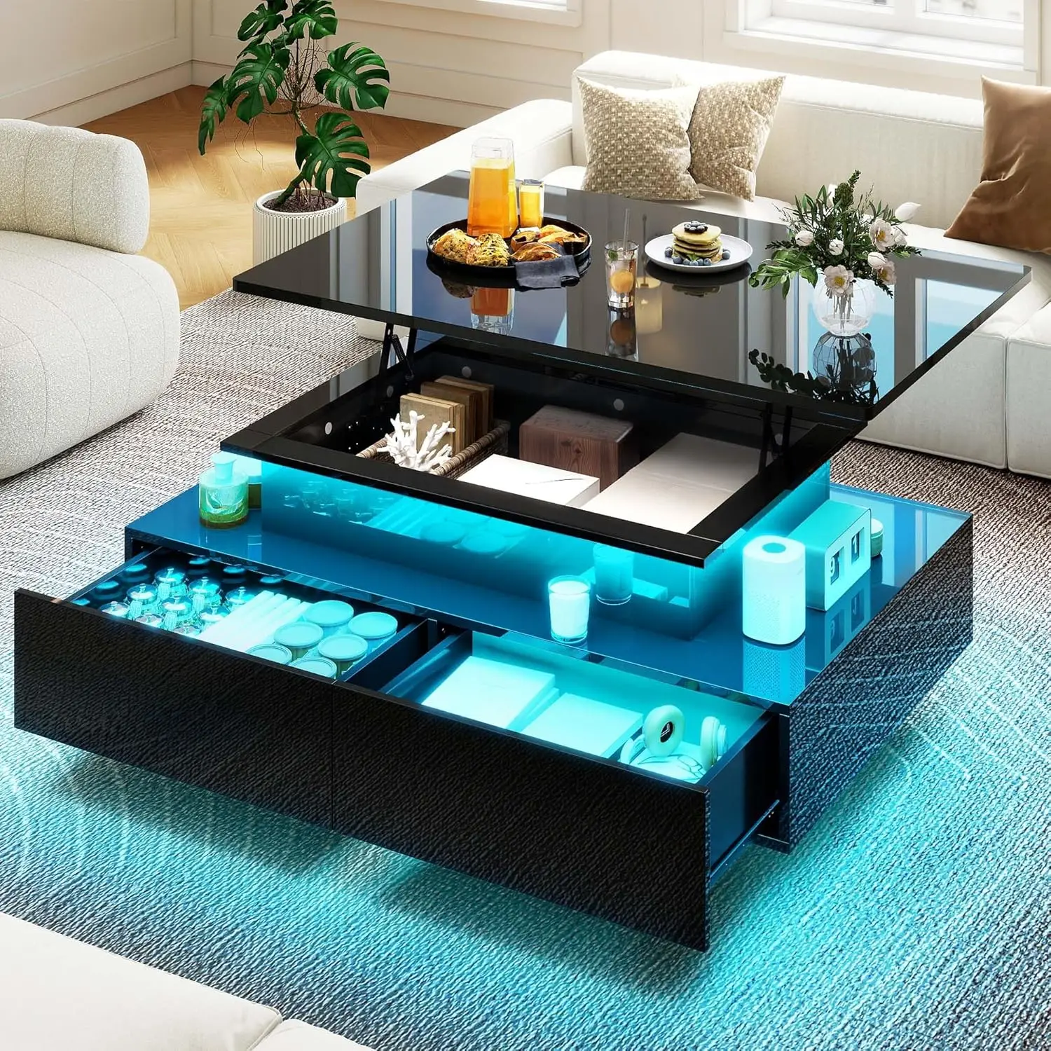 LED Lift Top Coffee Tables for Living Room, Rectangular Coffee Table with 4 Spacious Drawers, Modern Center Table with Lifting T