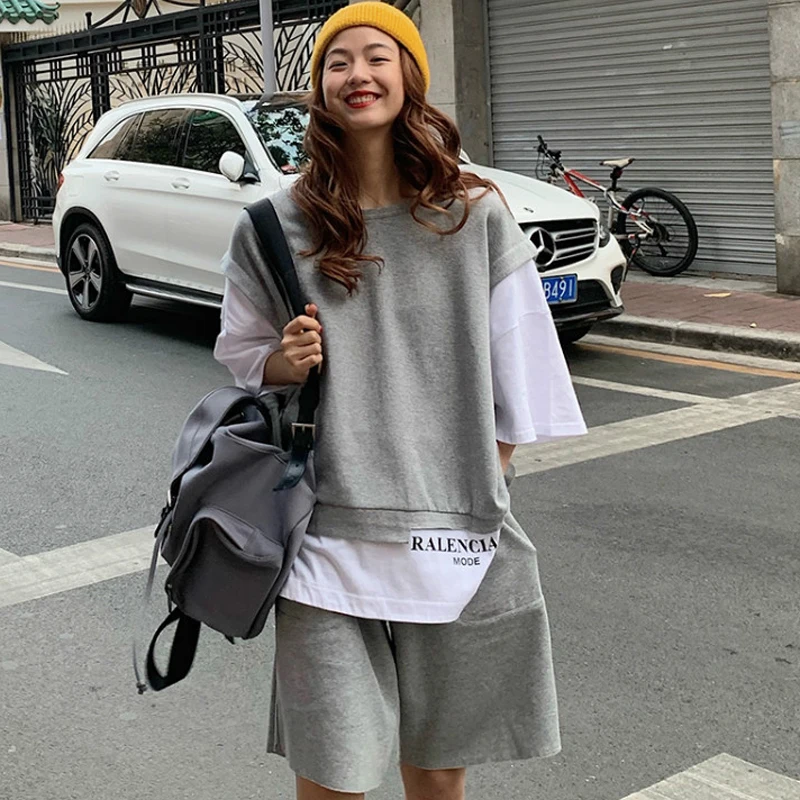 Womens Tracksuits Summmer fake two Piece Outfit Grey Oversize T Shirt and Sporting Short Pants Solid Color Streetwear Sweat Sets shorts co ord Women's Sets