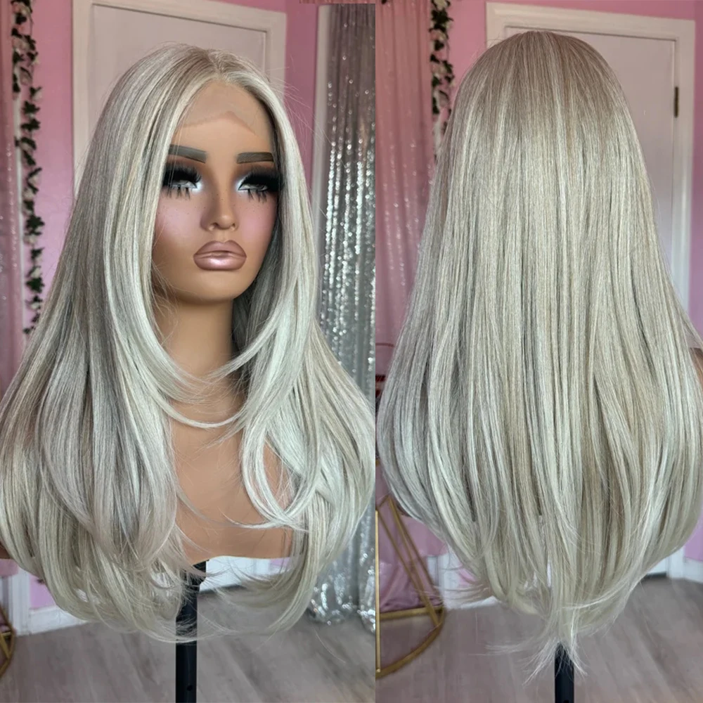 Creamy Ash Blonde Platinum Balayage Straight Wig Premium Human Hair Blend HD Invisible Lace Front Wig 13x4 Free Part