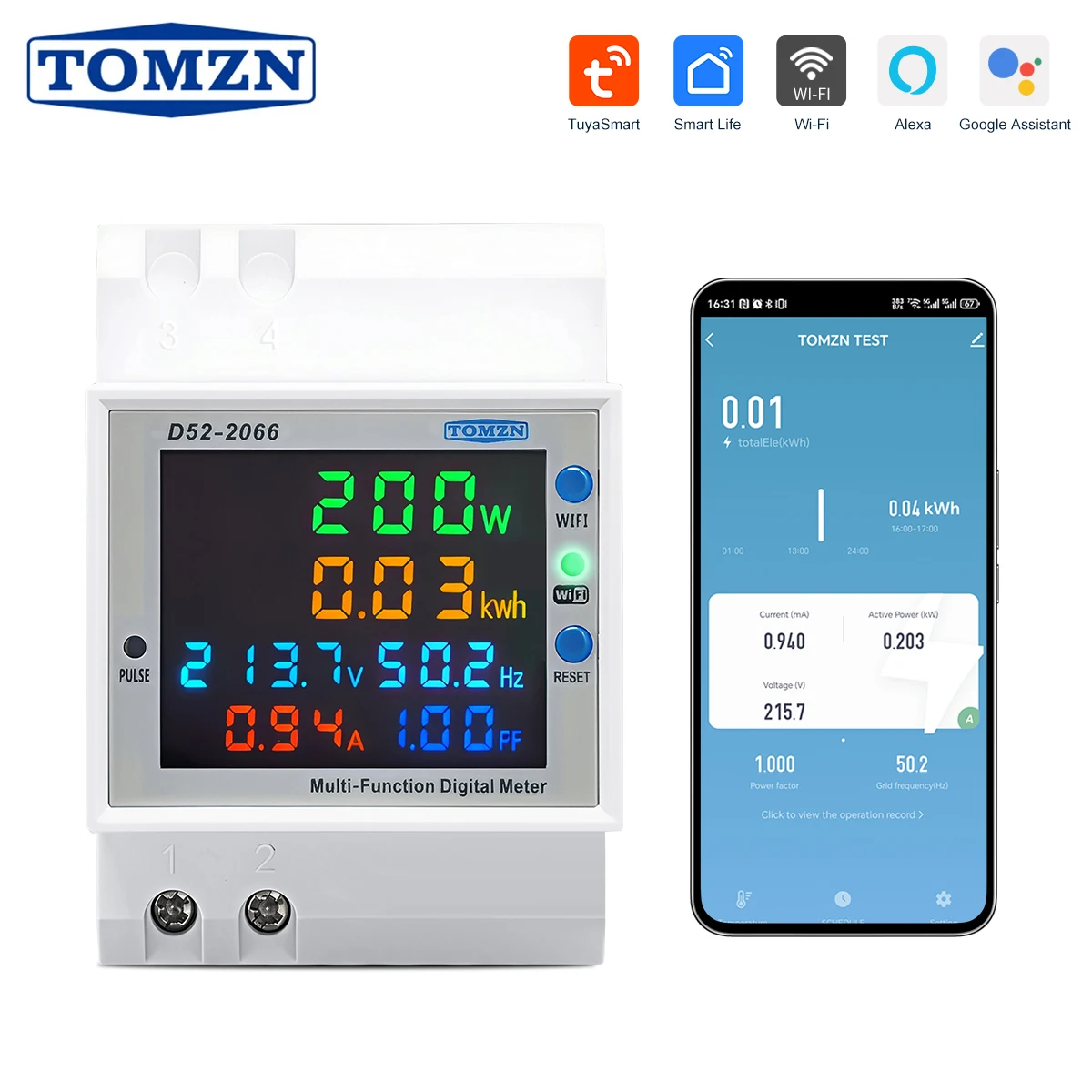 TOMZN WiFi 스마트 6-in-1 DIN 레일 AC 모니터-전압계 전류 역률 활성 kWh 에너지 미터 주파수 110V-220V 100A TUYA