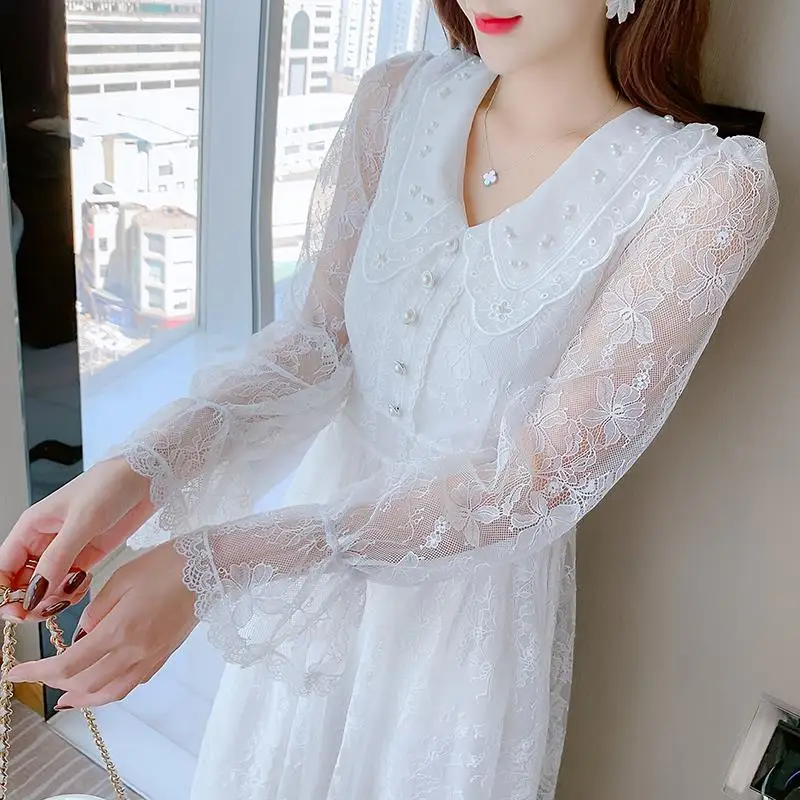 

Long Flare Sleeve Dresses Autumn Woman Evening Party Dress Peter Pan Collar Dressed for Women Clothing Women's T688