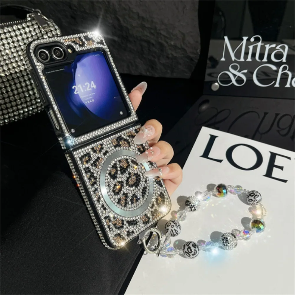 Leopard Print Leather Magnetic Phone Case with Bling Rhinestone Wrist Strap