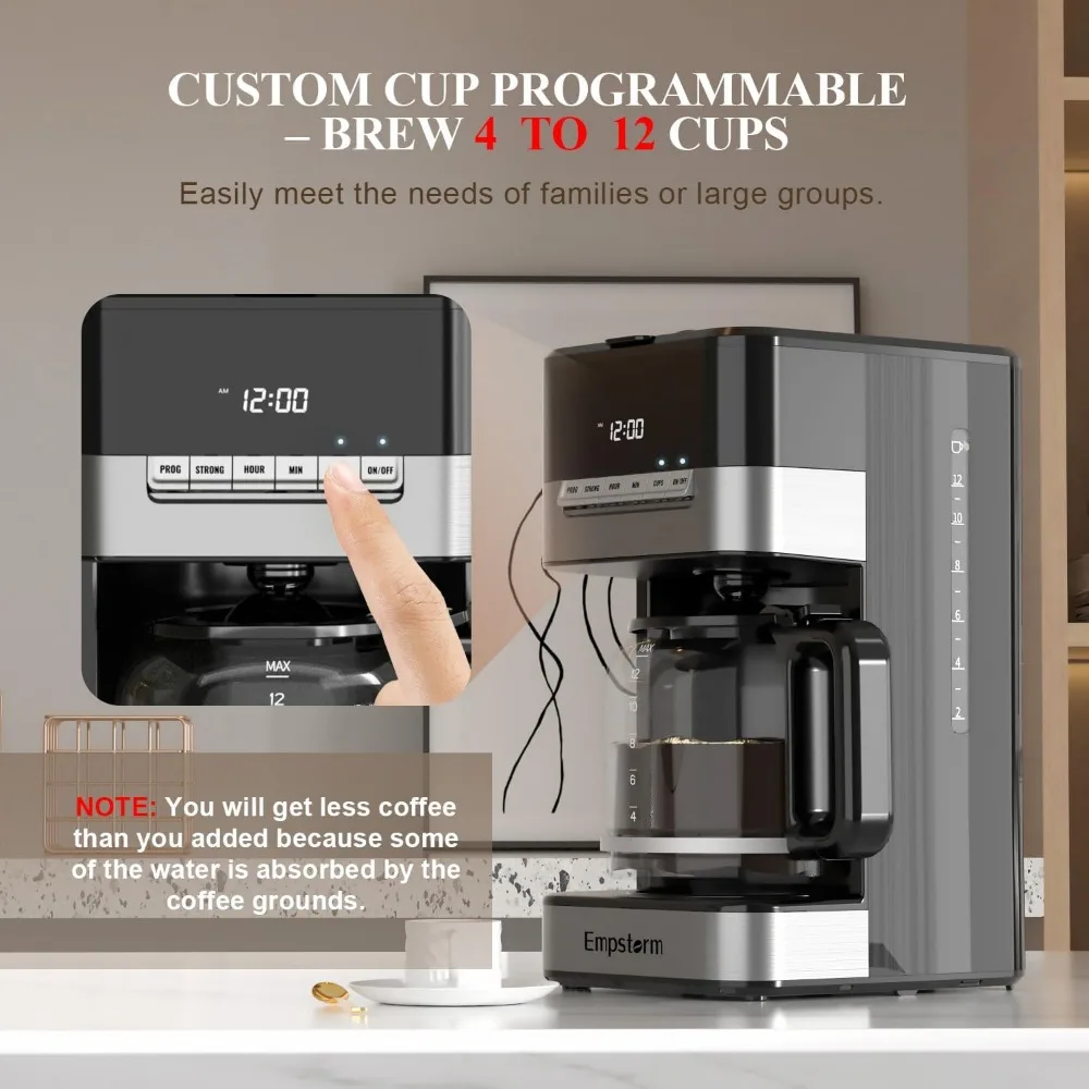 Programmable Drip Coffee Maker 4-12 Cup with Glass Carafe, 4-Hour Auto Shut Off & Keep Warm, Anti-Drip System, Strong Brew 3