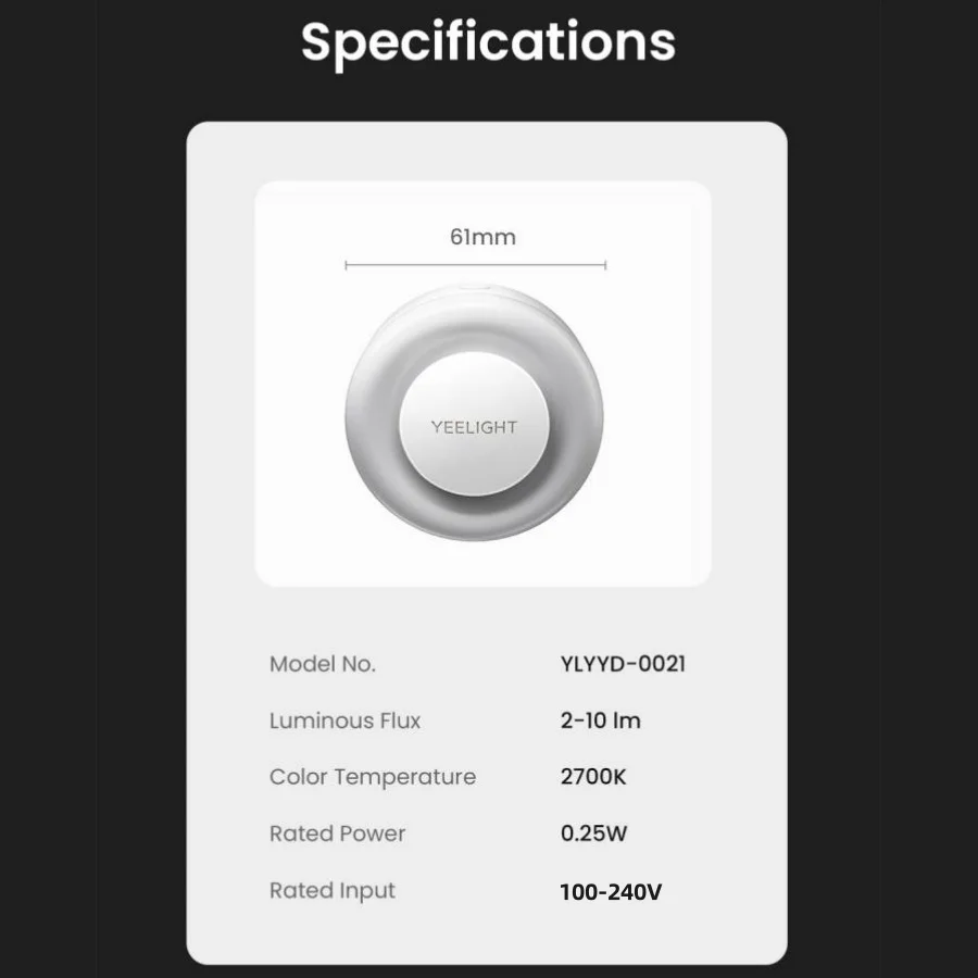 Yeelight Mini Plug-in Light Sensor Night Light 2700K Warm White 0.25W Ultra Low Energy 100-240V EU Plug
