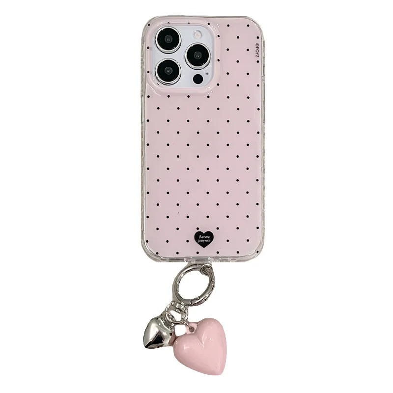 Double-Layer Pink Polka Dot Heart-Shaped Phone Case with Heart Pendant