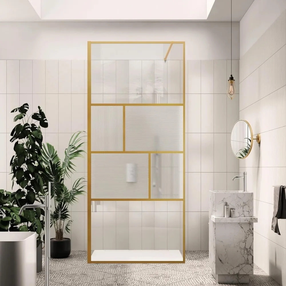 Shower Glass Door, Modern Grid Shower Door 34 * 78 Inch, 5/16"(8mm) Clear Tempered Glass and Fluted Glass Shower Panel 6