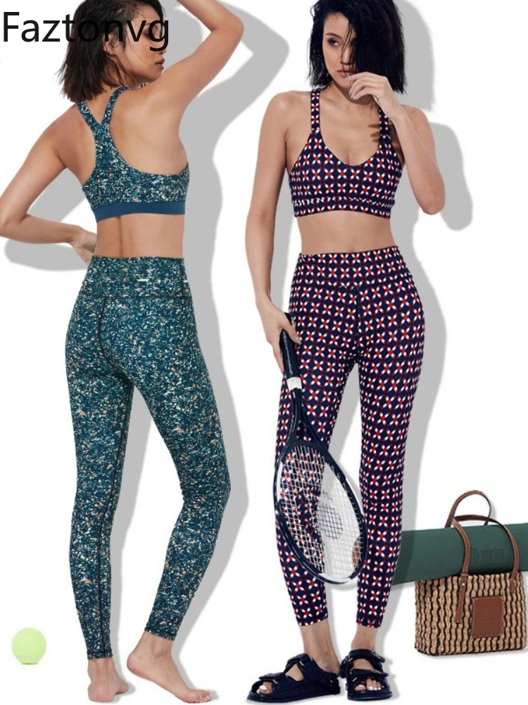 Print Yoga Clothing Suit Women High Waist Hip Fitness Pants Shockproof Bra Sports Two Piece Sportswear Sets Ladies