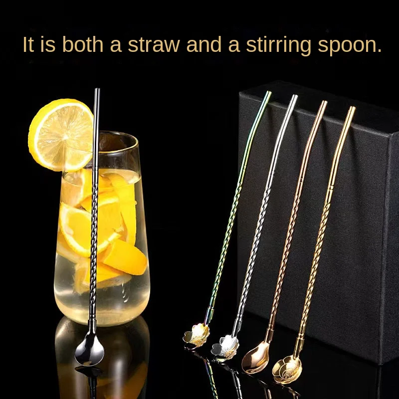 

Stainless Steel Dual Purpose Straw Spoon Double-Use Lengthened Stir Juice Drink Milk Milk Tea Straw