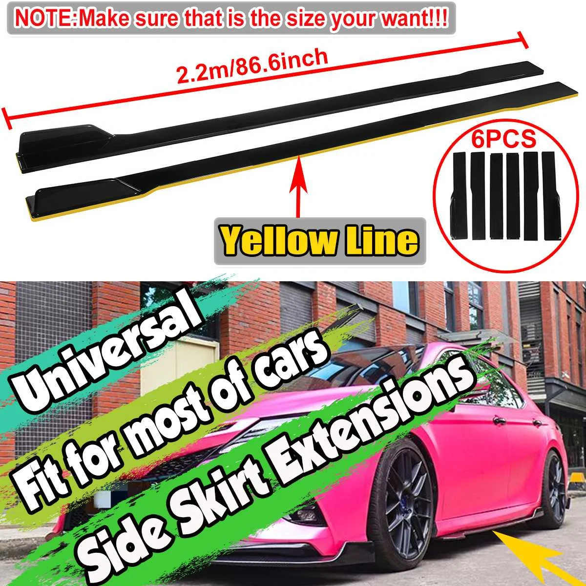 

6PCS 2.2m Universal Car Side Skirts Extension Rocker Panel Lip Splitters Bumper For BWM For Benz For Toyota Tesla For VW For Kia