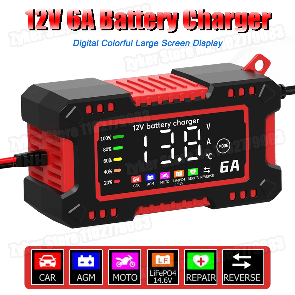12V 6A Car Motorcycles Charger Smart Battery Charger For Lifepo4 Lead Acid AGM GEL PB 14.6V 6A Battery Repair Digital Display