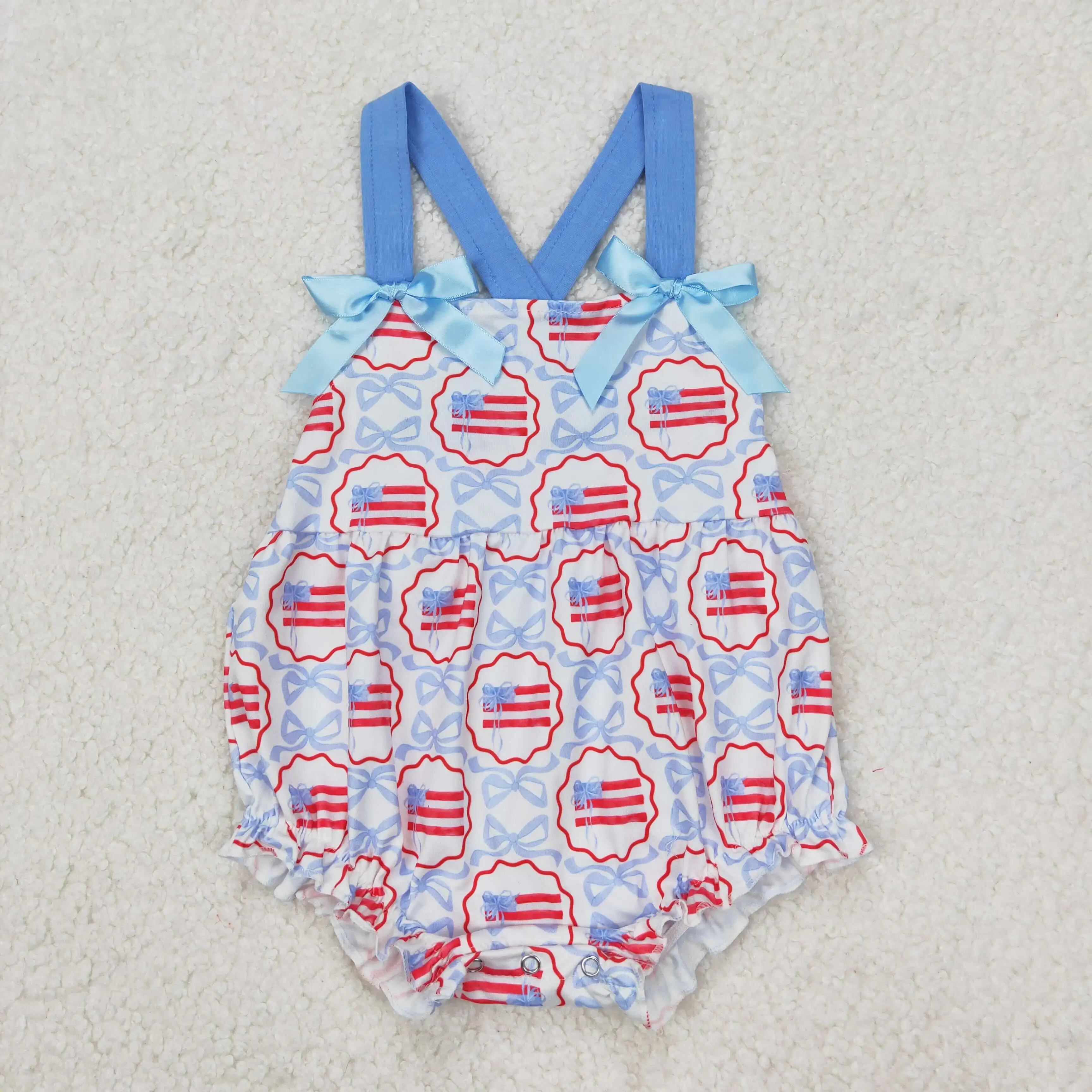 3.27y NEW stock baby summer girls romper wholesale boutique fishing float red bow blue vest rompers