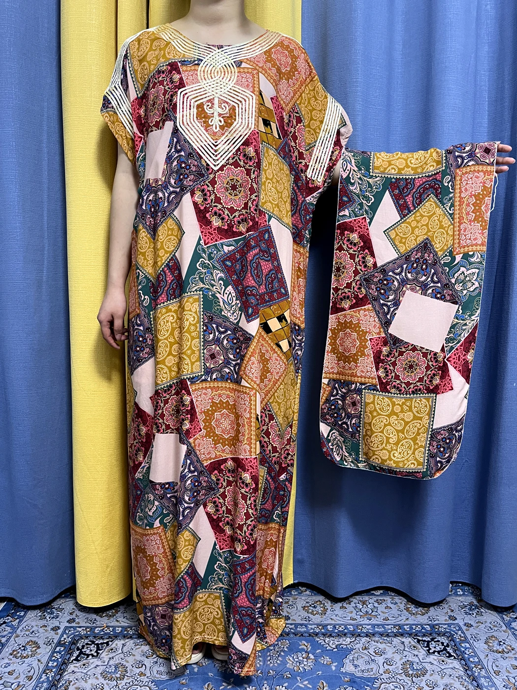 Muslim Abayas For Women 2023 Appliques Block Print Pattern Cotton Loose Fit Femme Robe Dubai African Islamic Dresses With Turban