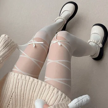 Lolita White Tights Ultra-thin Nylon Sexy Pantyhose Sweet Girls JK Japanese Style Kawaii Cute Bandage Bow Thigh High Stockings 6