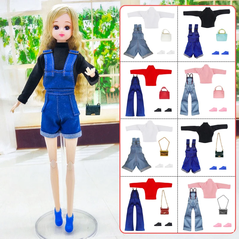 1Set 1:6 Doll Clothes For 30CM Doll Bib Pants Long-sleeved Shirt Handbag Flat Shoes Dollhouse Doll Decor Christmas Present