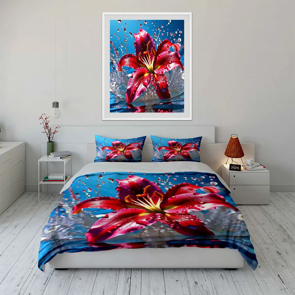 Luxury Red Lily Flower Bedding Set 3PCS Soft Polyester Duvet Cover Set with Water Splash Print Pillowcases for Home Decor 6